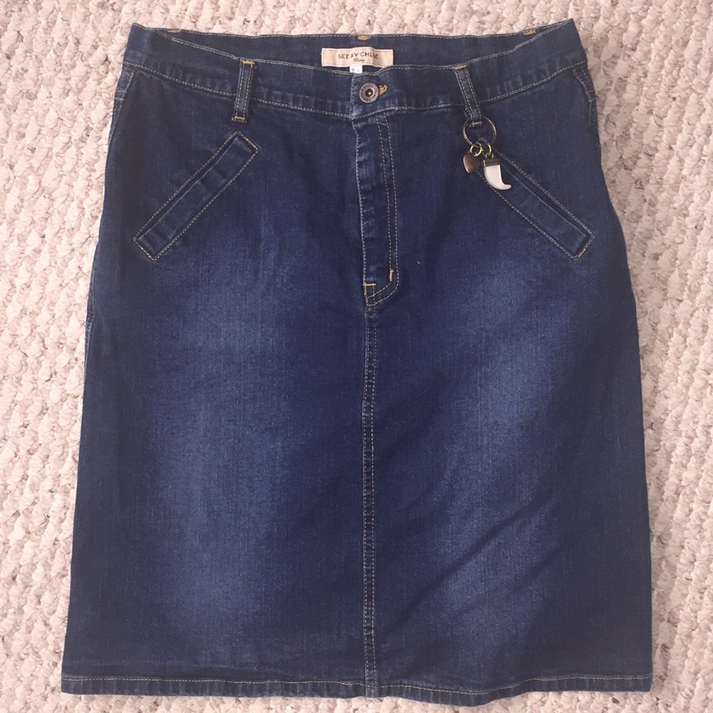 SEE BY CHLOE DENIM MIDI SKIRT LOGO DETAIL POCKET